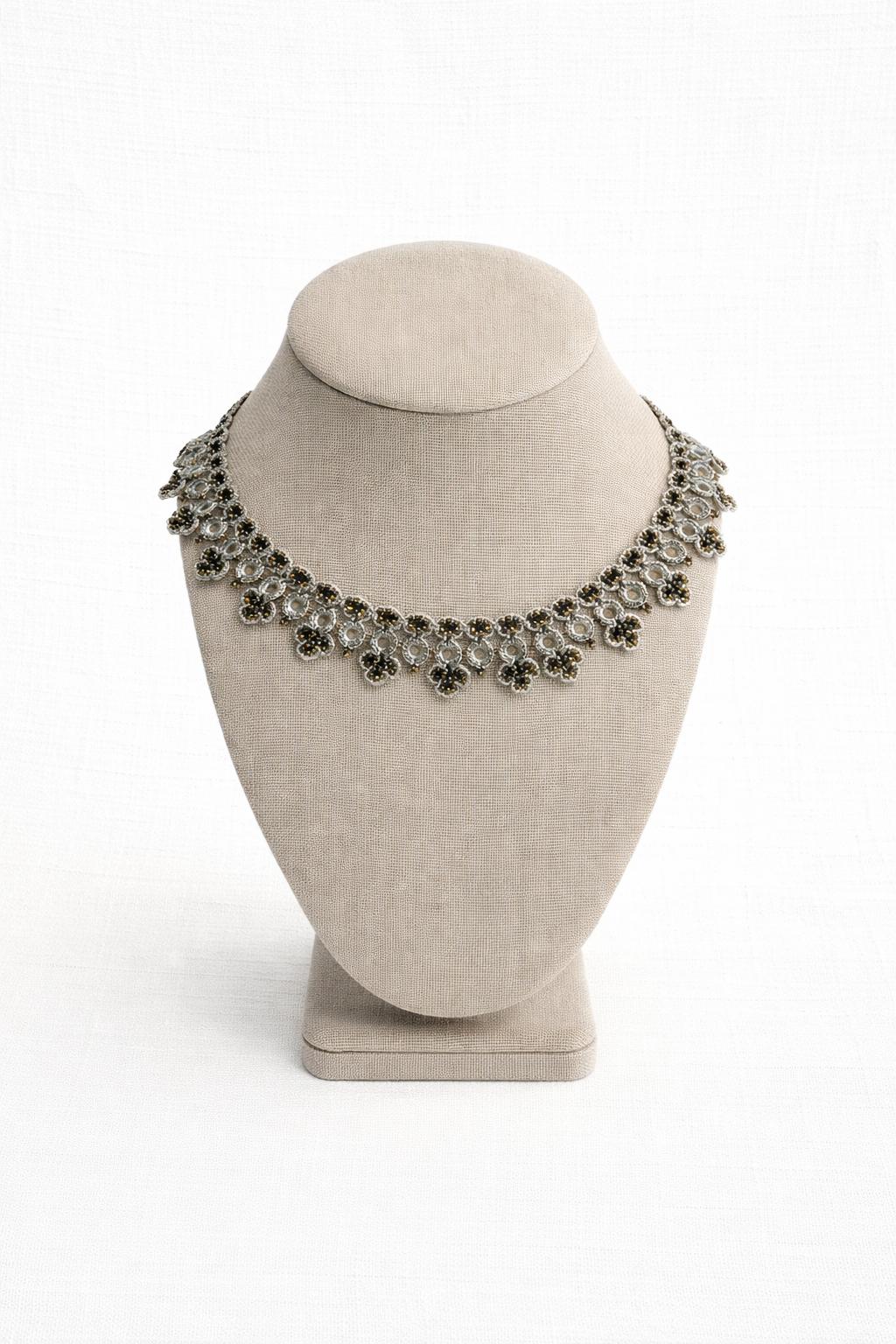 Necklace crochet short circles & leaves Gray