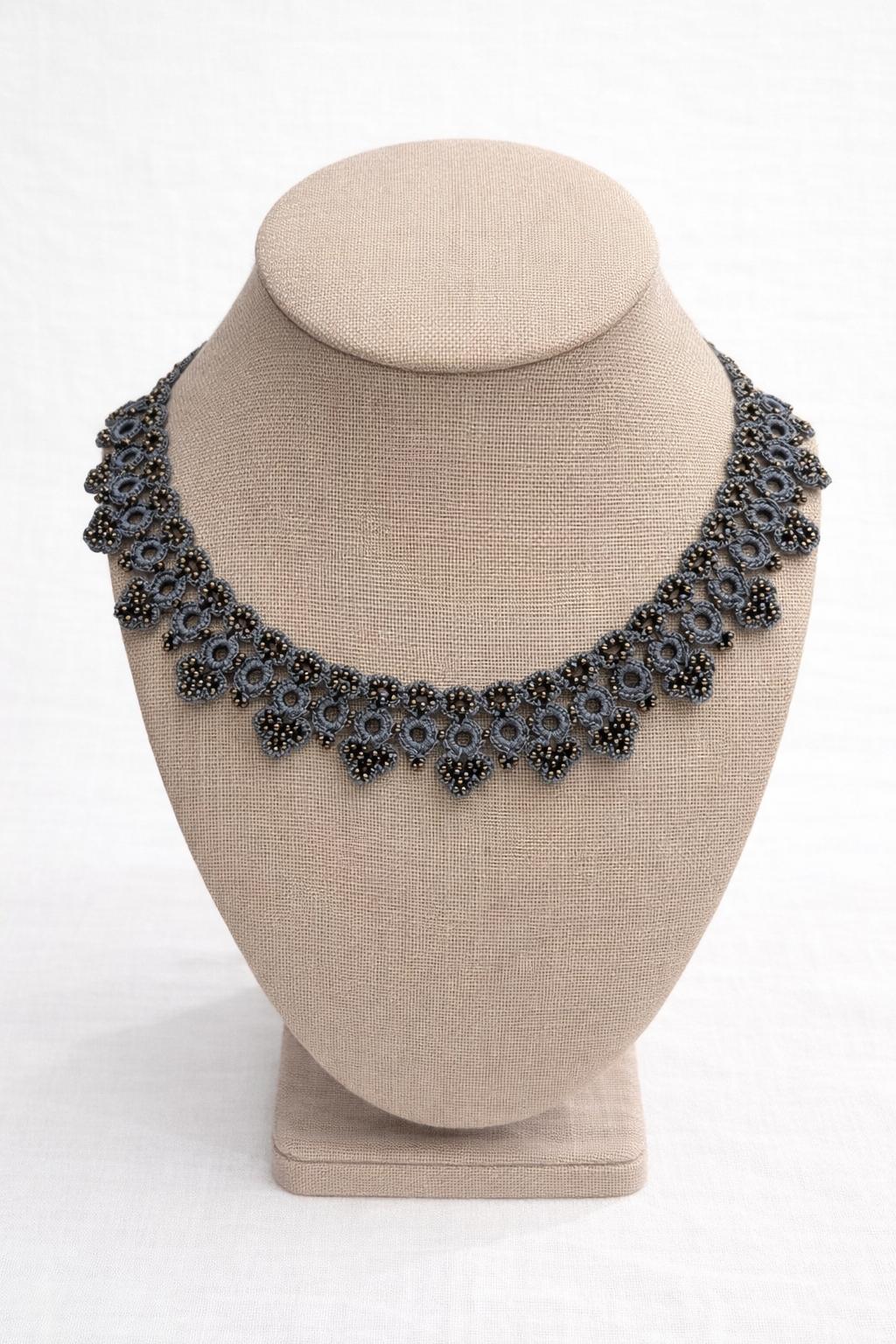 Necklace crochet short circles & leaves Light Blue