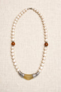 Classic necklace strand of pearls with natural agate and sterling silver details.
