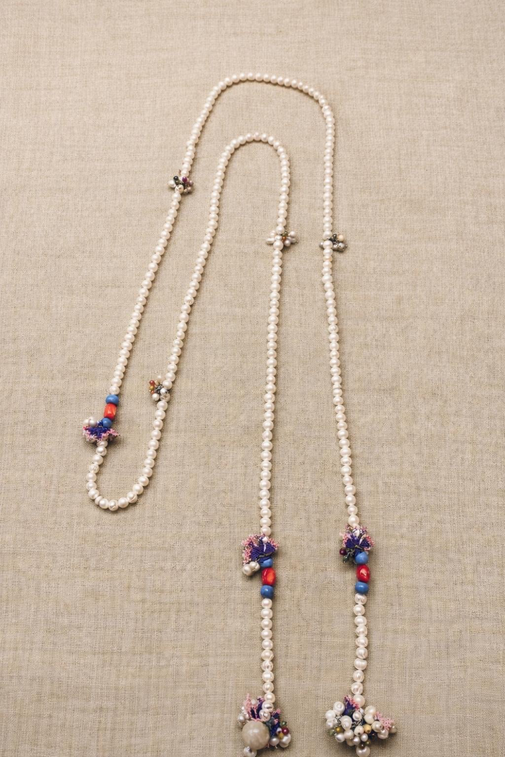 Necklace pearls and crochet extralong Silver Agate