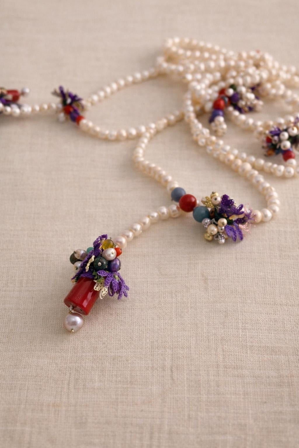 Necklace pearls and crochet extralong Amatist Agate Coral