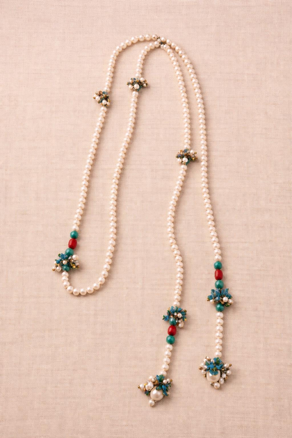 Necklace pearls and crochet extralong Coral Turquoise