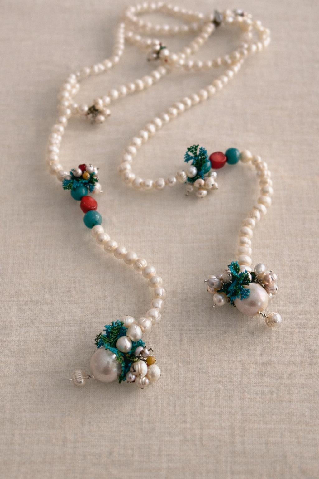 Necklace pearls and crochet extralong Coral Turquoise