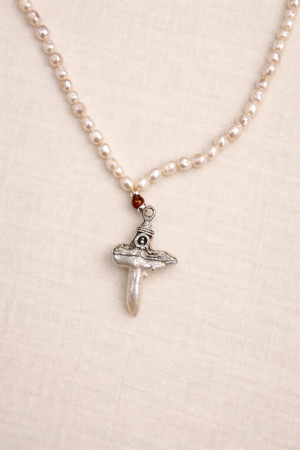 Necklace long pearls with cross brown natural stones