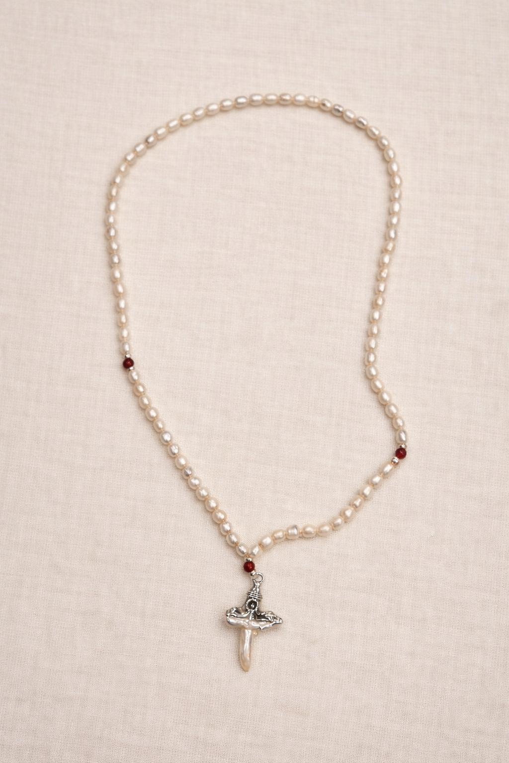 Necklace long pearls with cross brown natural stones
