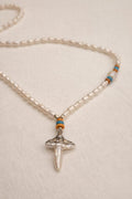 Necklace long pearls with cross Silver Coral Turquoise