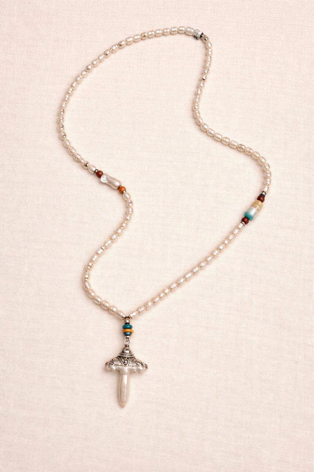 Necklace long pearls with cross Silver Coral Turquoise